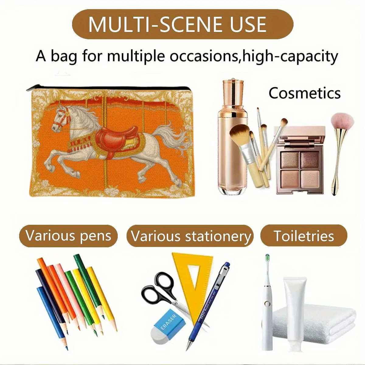 ゴージャスな木製馬の化粧バッグ - 女性用のかわいい多機能ジッパーポーチ、ジュエリー収納バッグ