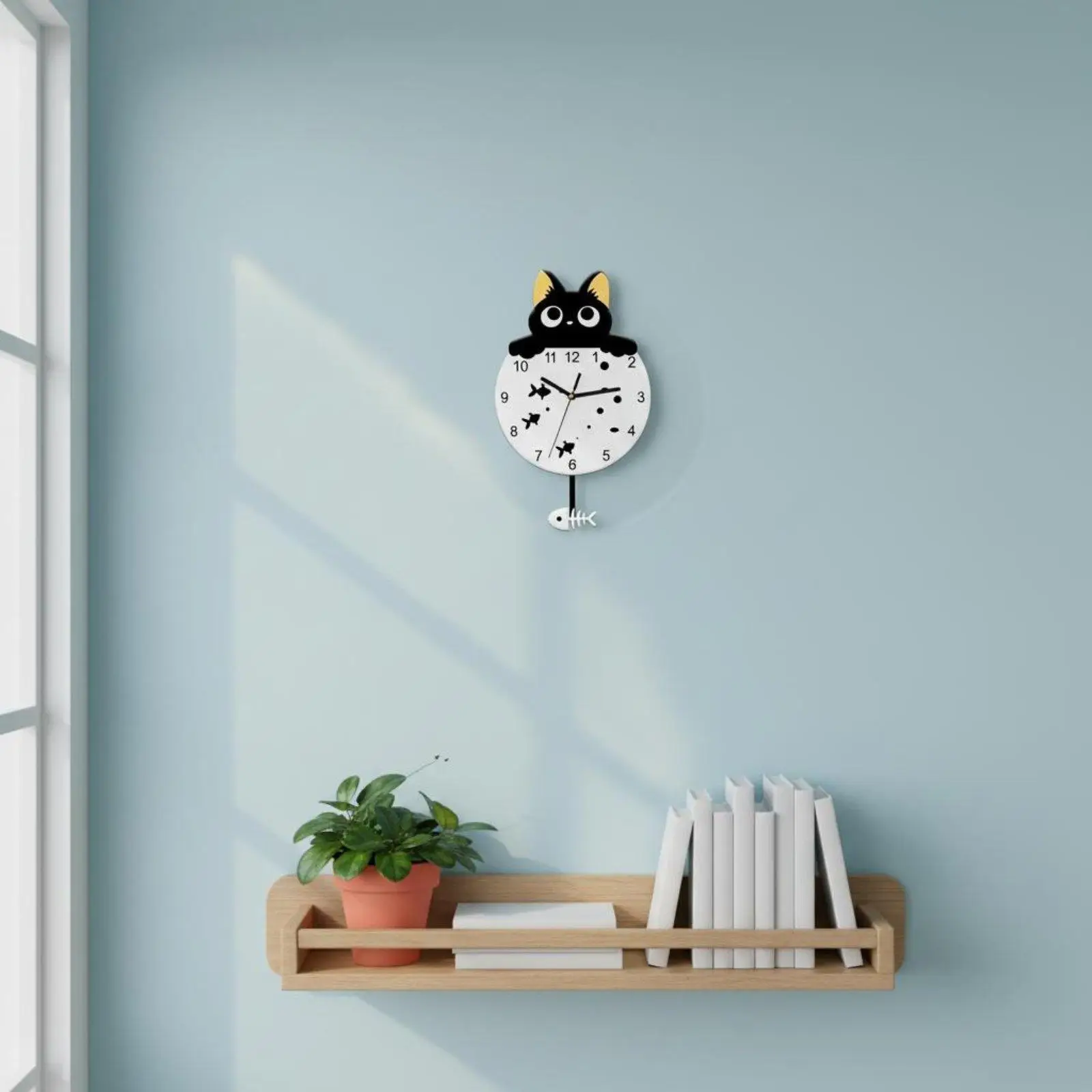 Cute Cat Face Wall Clock Silent Pendulum Movement for Nursery Children Room Fun Fishbone Decorative Timepiece