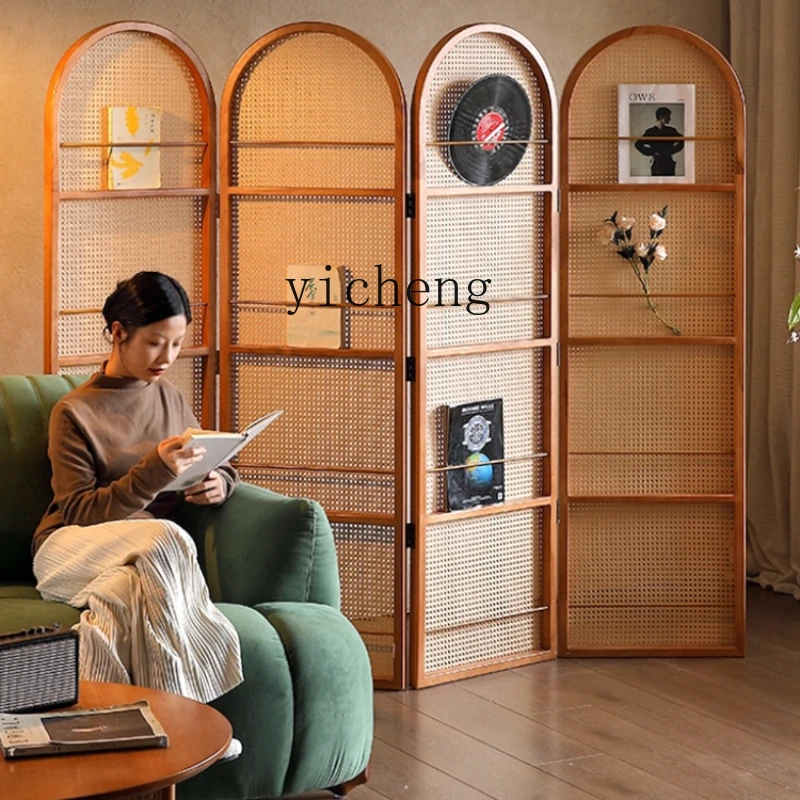 

ZC Chinese Retro Solid Wood Rattan Subareas Screens Home Mobile Storage Bookshelf