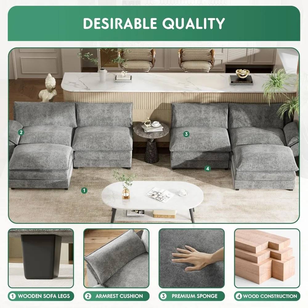 Sectional Modular Sofa U Shaped Chenille Fabric Couch with High Supportive & Soft Sponges and Removable Ottoman, Sleeper