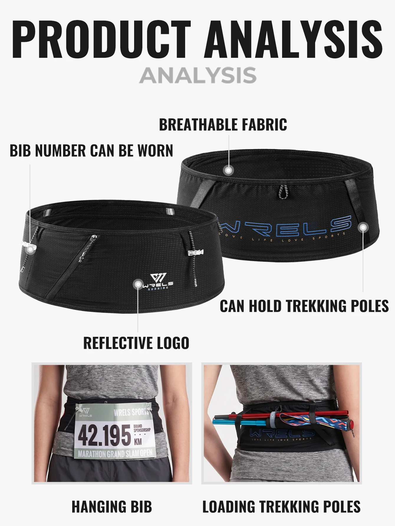WRELS Laufgürteltasche, atmungsaktiver, schmaler Trainingsgürtel, verstellbar, rutschfest, für Outdoor-Sportarten, Wandern, Herren, Damen, Fitness, Aufbewahrungstasche – Detail 13