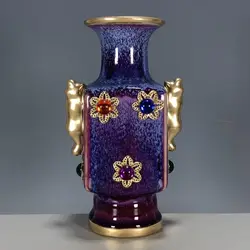 Imitation antique porcelain gilded gemstone inlaid Jun porcelain kiln-changed vase Chinese living room ornaments