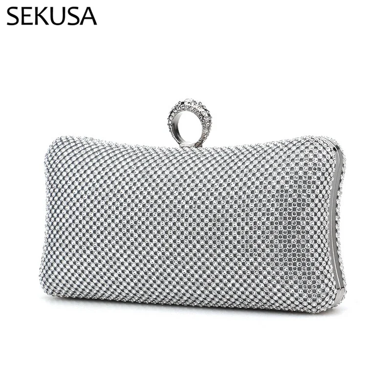 Rhinestones Finger Ring Metal Day Clutch Wedding Party Evening Bags With Diamonds Female Fashion Silver Gold Handbags