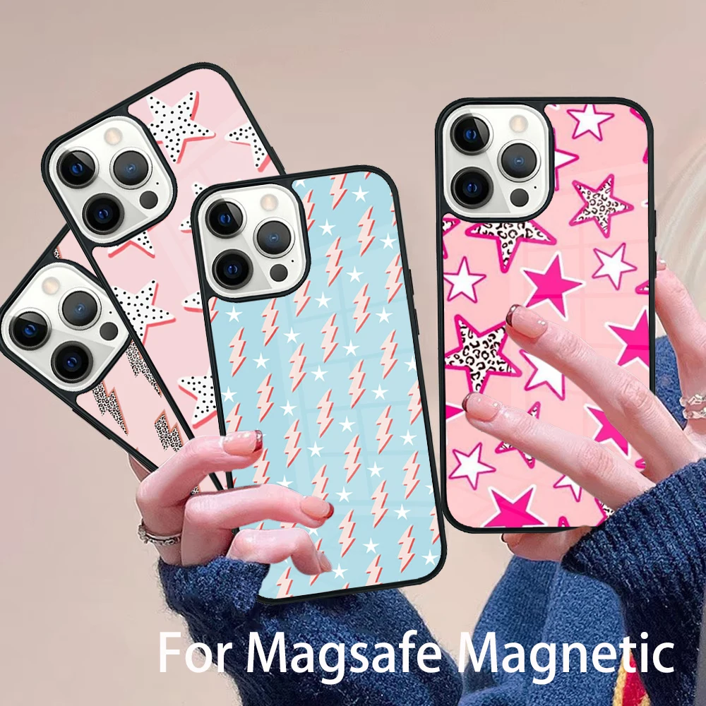 

preppy stars lightning pink Phone Case Magesafe Magnetic Wireless Charge Cover For IPhone 16 11 12 13 14 15 Pro Max Plus Mini