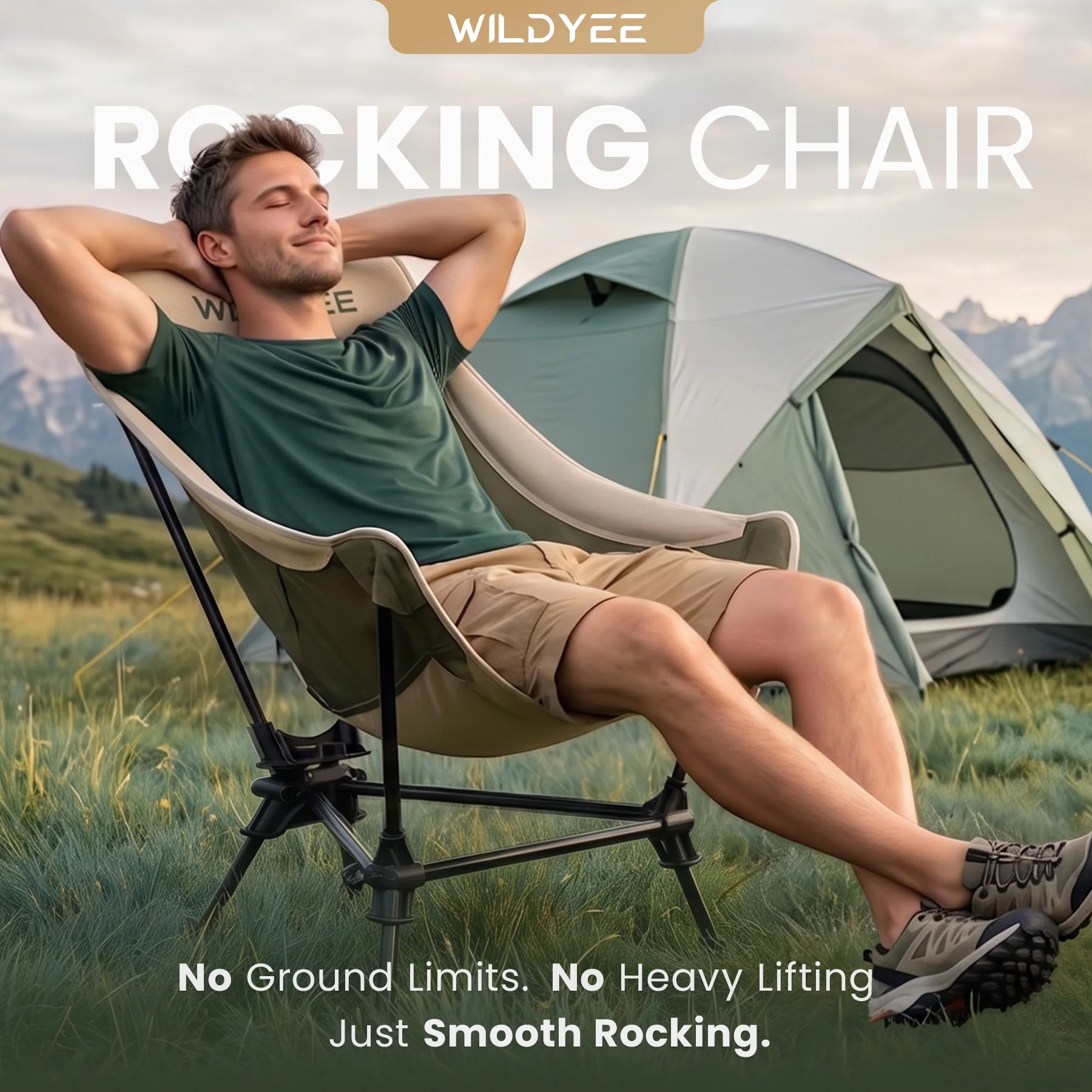 Patented Portable Folding Camping Rocking Chair, 2-Height Adjustable High Back Outdoor Rocker with Padded Headrest & Removable Storage Bag for Camping, Fishing, Beach