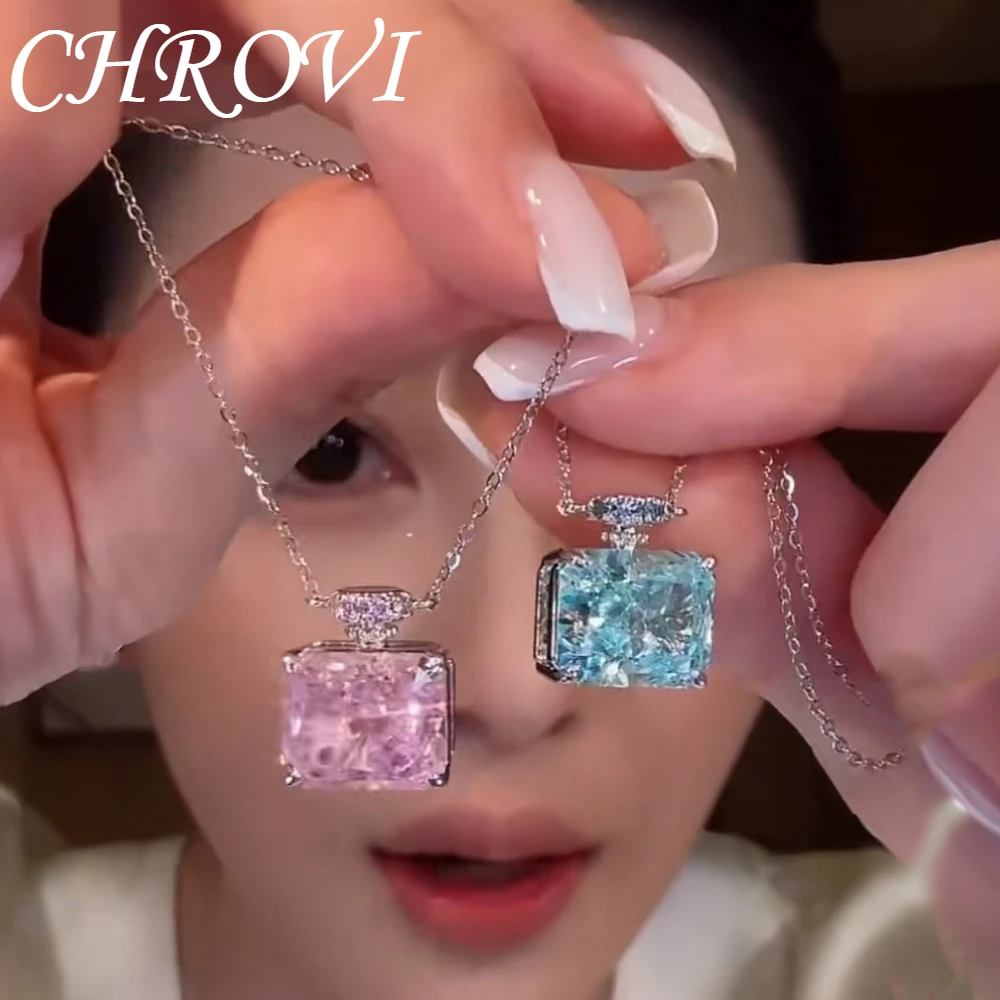 Quality 925 Sterling Silver Ice Flower Blue Perfume Bottle Pendant, Pink Double-Sided Diamond-Studded Necklace for Women