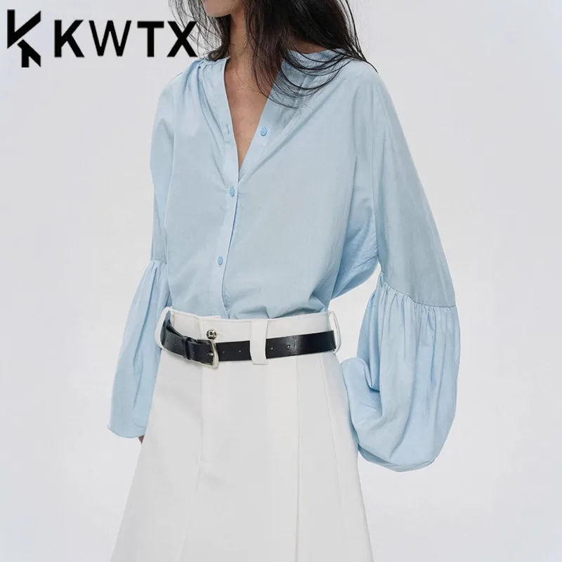 

KWTX Light Blue Women’s Shirt Casual Lightweight Resort Lantern Sleeve Minimalist Spring Summer 2025 Premium Quality Design