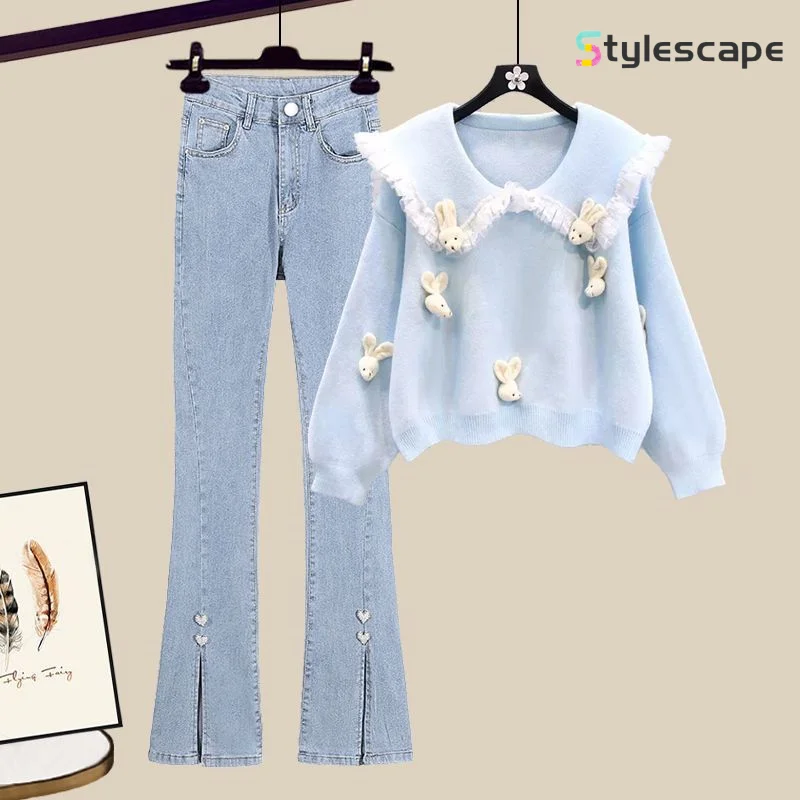 Spring and Autumn Collection 2024 New Small Fragrant Style Set Navy Collar Premium Sweater Split Jeans Women's Two Piece Set