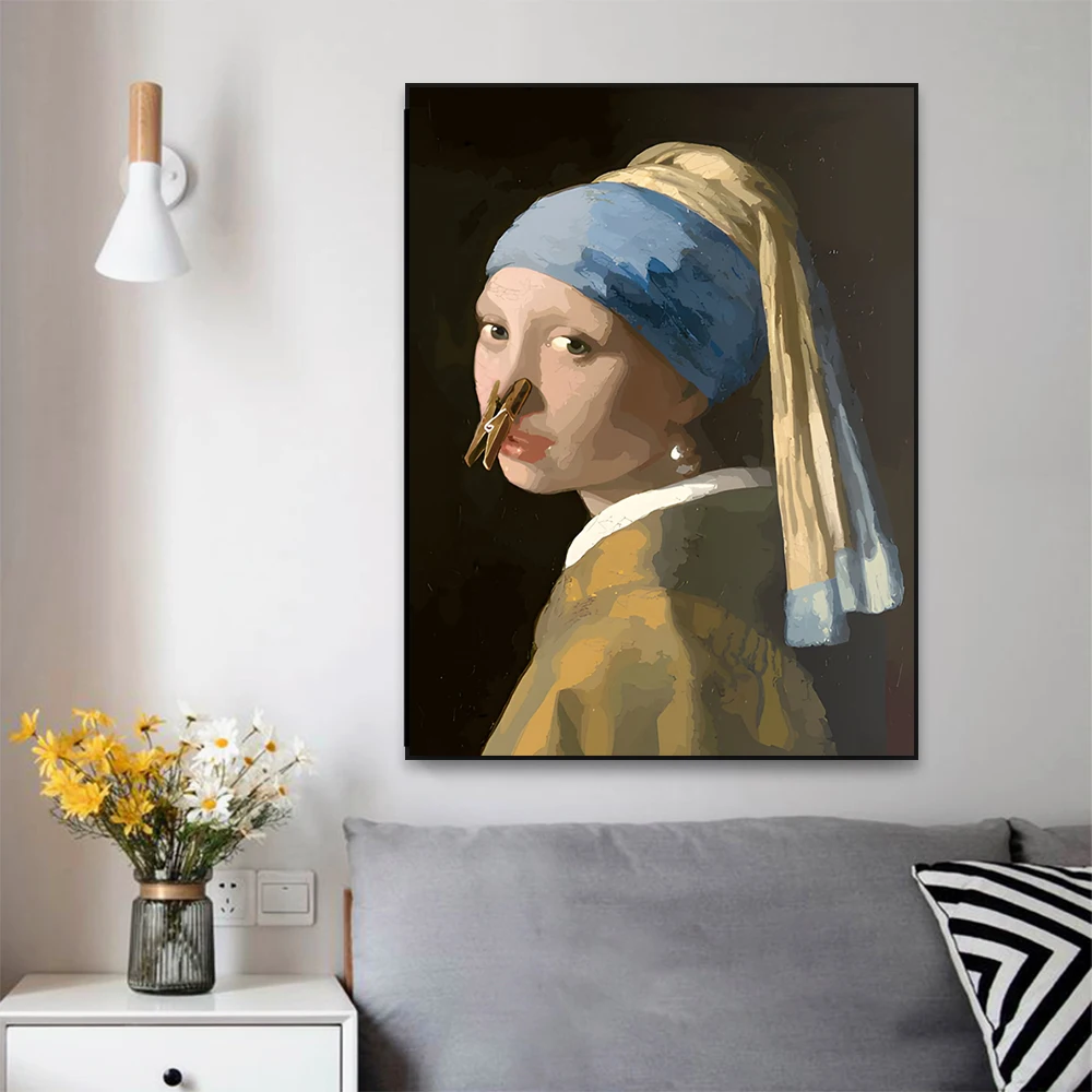 Classical Funny Bathroom Art Wall Poster Decor Retro Oil Painting Girl With The Pearl Earing Prints Vintage Canvas Painting