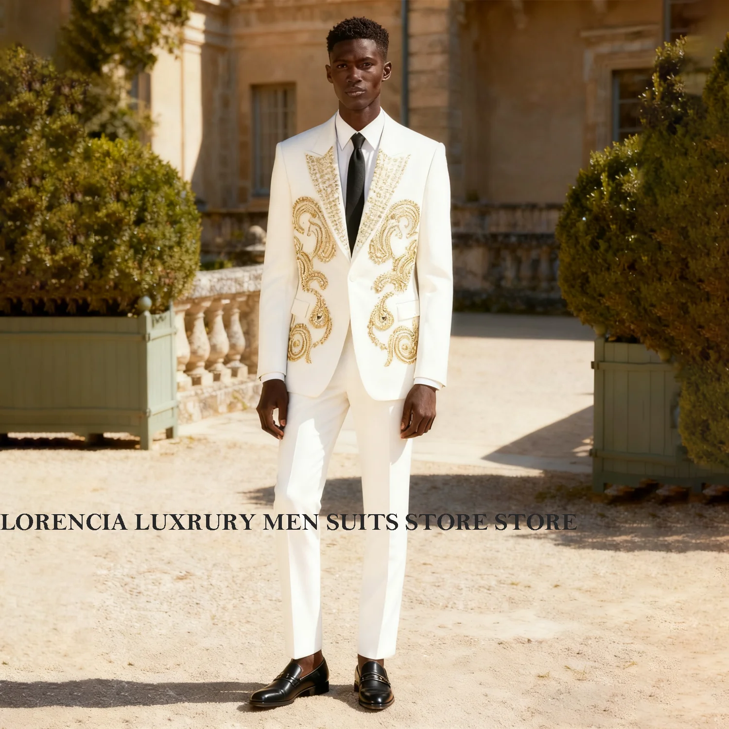 

Customized Crystal Ornament Tuxedos Men Suits Peaked Lapel Male Prom Blazers Wedding 2 Pieces Sets Groom trajes para hombre