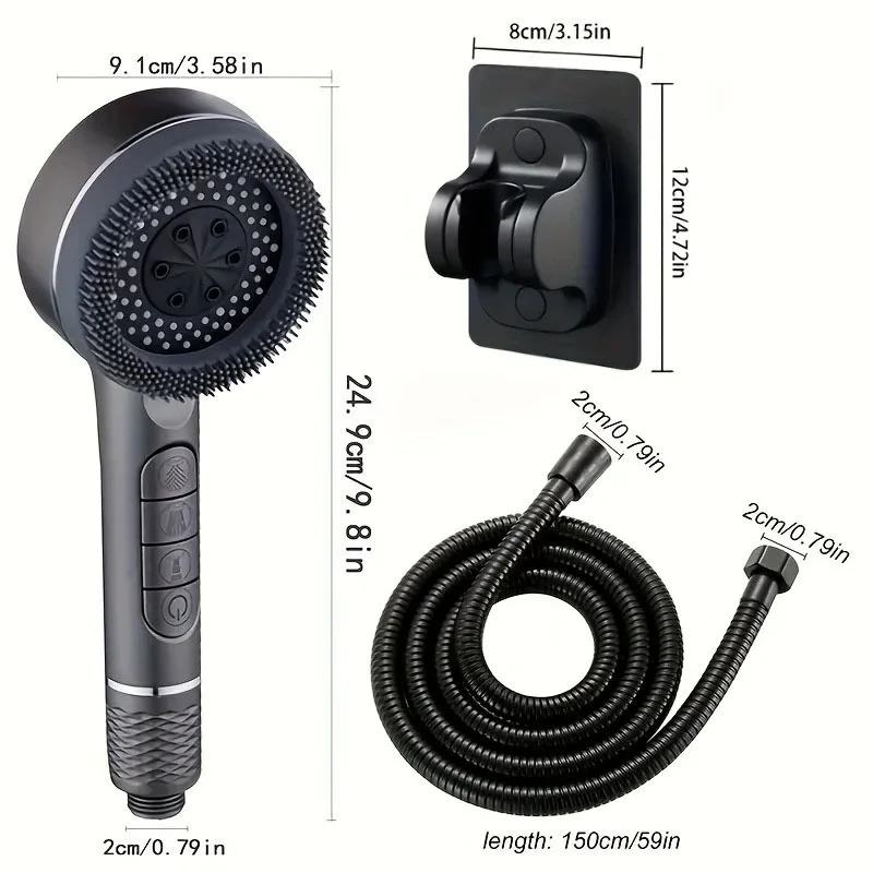 

4 Modes Self-cleaning Shower Head Set with Silicone Brush One-Key Stop Water Massage High Pressure ABS Showerhead with Filter