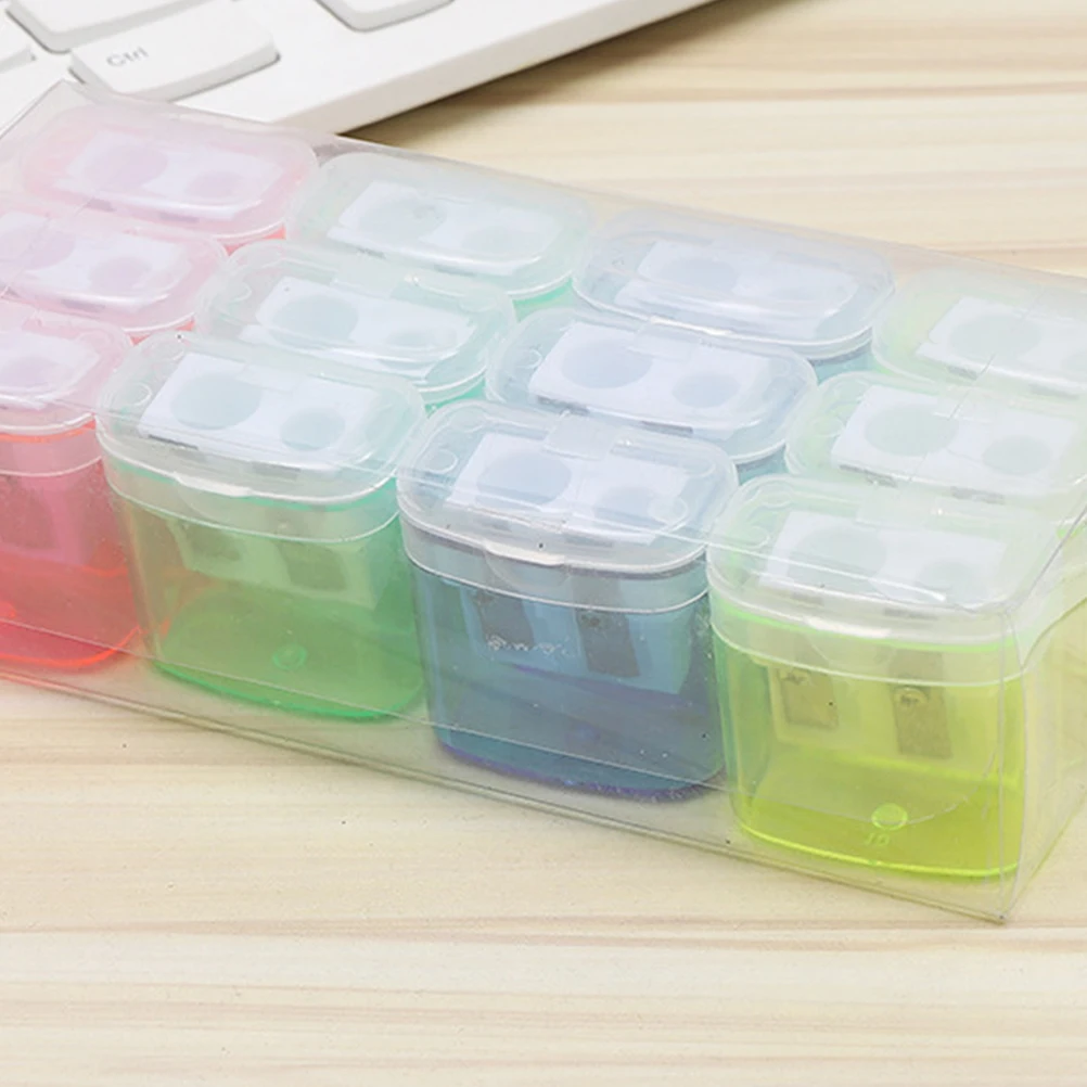 

12pcs Pencil Sharpener Dual Hole Children Student School Kids Sharpeners Plastic Transparent Compact Portable