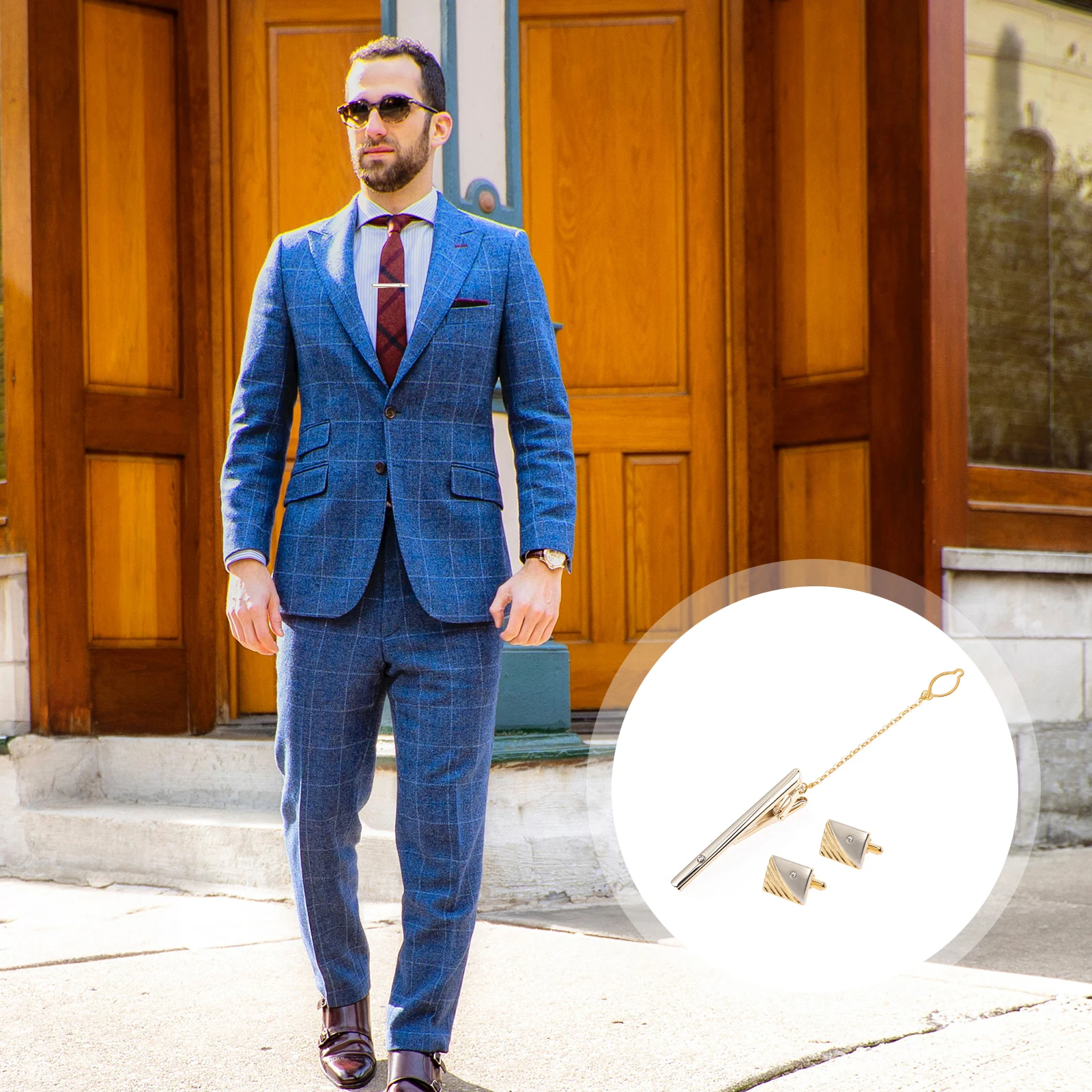 

1 set 1 Set Golden Rhinestone Tie Clip Cufflinks For Men Business Wedding Party Occasions Durable Alloy Accessory Set
