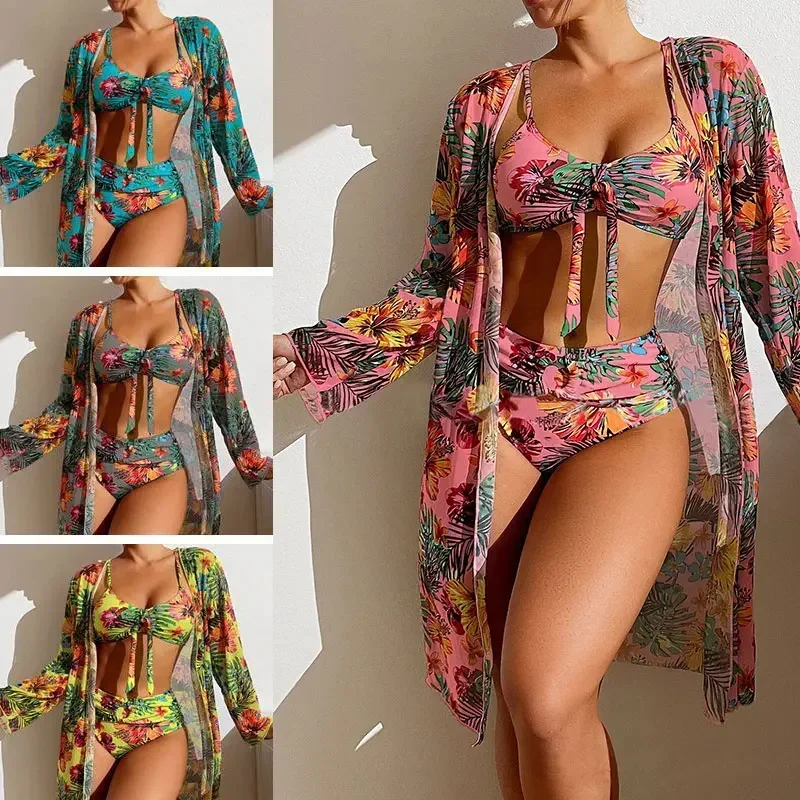 Split Three Piece Floral Printed Swimsuit Women Bikini Set Wireless Bra with Pad Sport Top Long sleeve Blouse Swimwear Plus Size