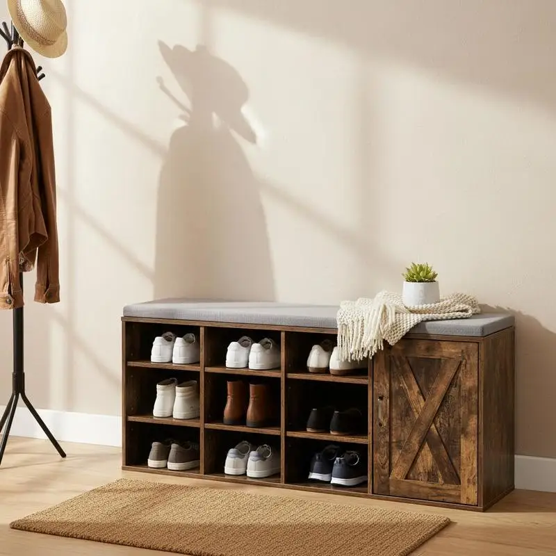 

9-cube Adjustable Storage Shoe Bench with Padded Cushion-Rustic Brown