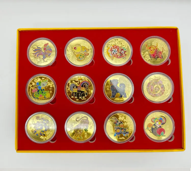 12-Year Chinese Zodiac Coin Set - Golden-Toned Collectible Coins Lunar New Year Gift for Birth Year Identification