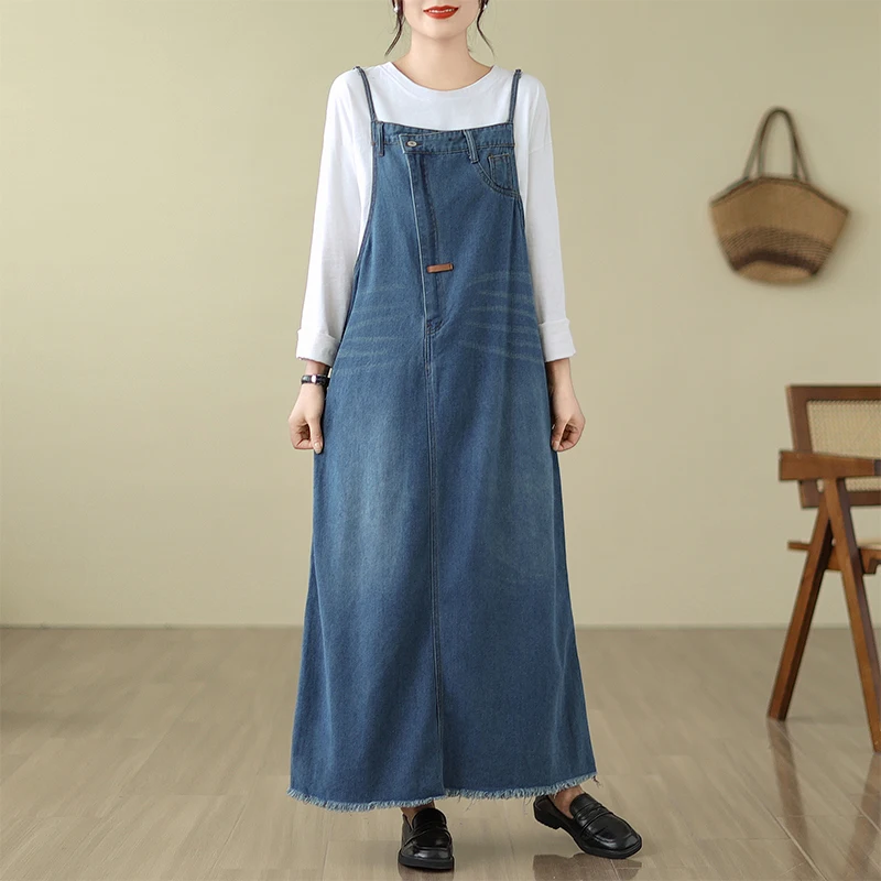 Denim Long Sling Dresses For Women Spring Summer Female Sleeveless Large Size Elegant Blue Casual Vestido Tassel Vintage Vestido