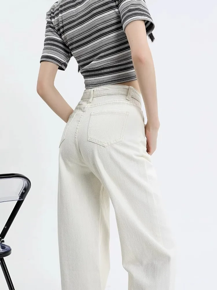 Pantalones vaqueros de pierna ancha de cintura alta adelgazantes para mujer, pantalones vaqueros blancos de verano con sentido colgante fino, pantalones vaqueros elásticos de algodón, tubo recto hasta el suelo