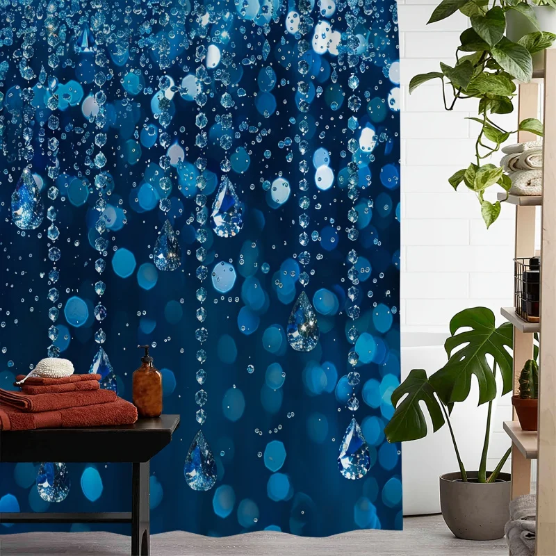 One Waterproof Shower Curtain with Blue Background Raindrop Print and 12 Hooks Included