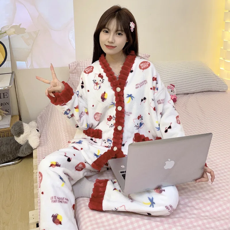 Novo sanrio hello kitty anime pijamas femininos outono e inverno engrossado calças de manga comprida terno kawaii solto confortável homewear