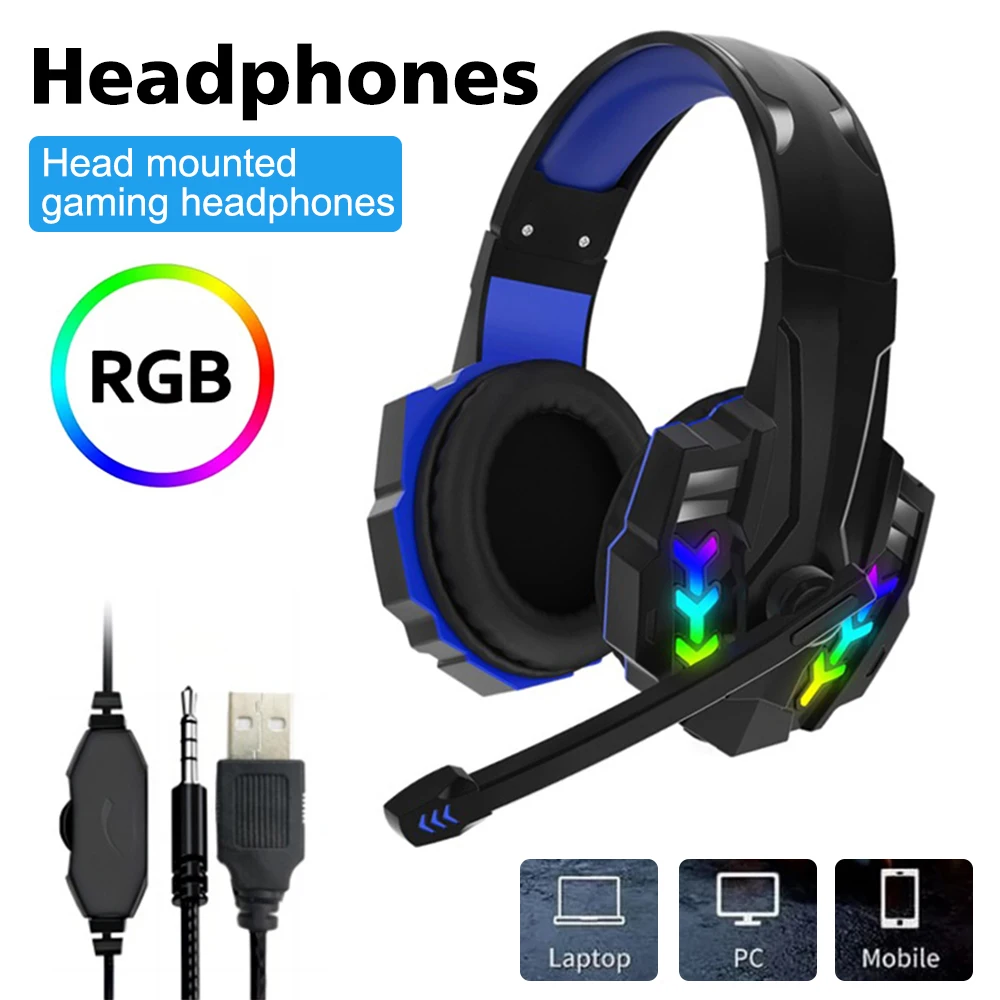 LED Light Wired Gaming Headphones With Microphone Noise-cancelling Gamer Headset for PC Computer Laptop PS4 PS5 Xbox