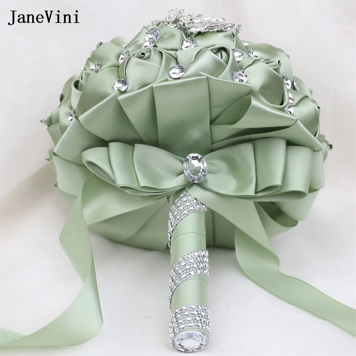 JaneVini ramos de novia de salvia personalizados, diamantes de imitación de plata de lujo, rosas artificiales de satén, ramo falso, decoración de flores de boda