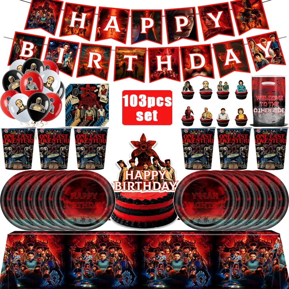 Ensemble de vaisselle et décorations pour fête d'anniversaire S-Stranger Season 5 : Gobelets, assiettes, serviettes, bannière, ballons pour filles, décorations de gâteau, drapeaux, fournitures de fête