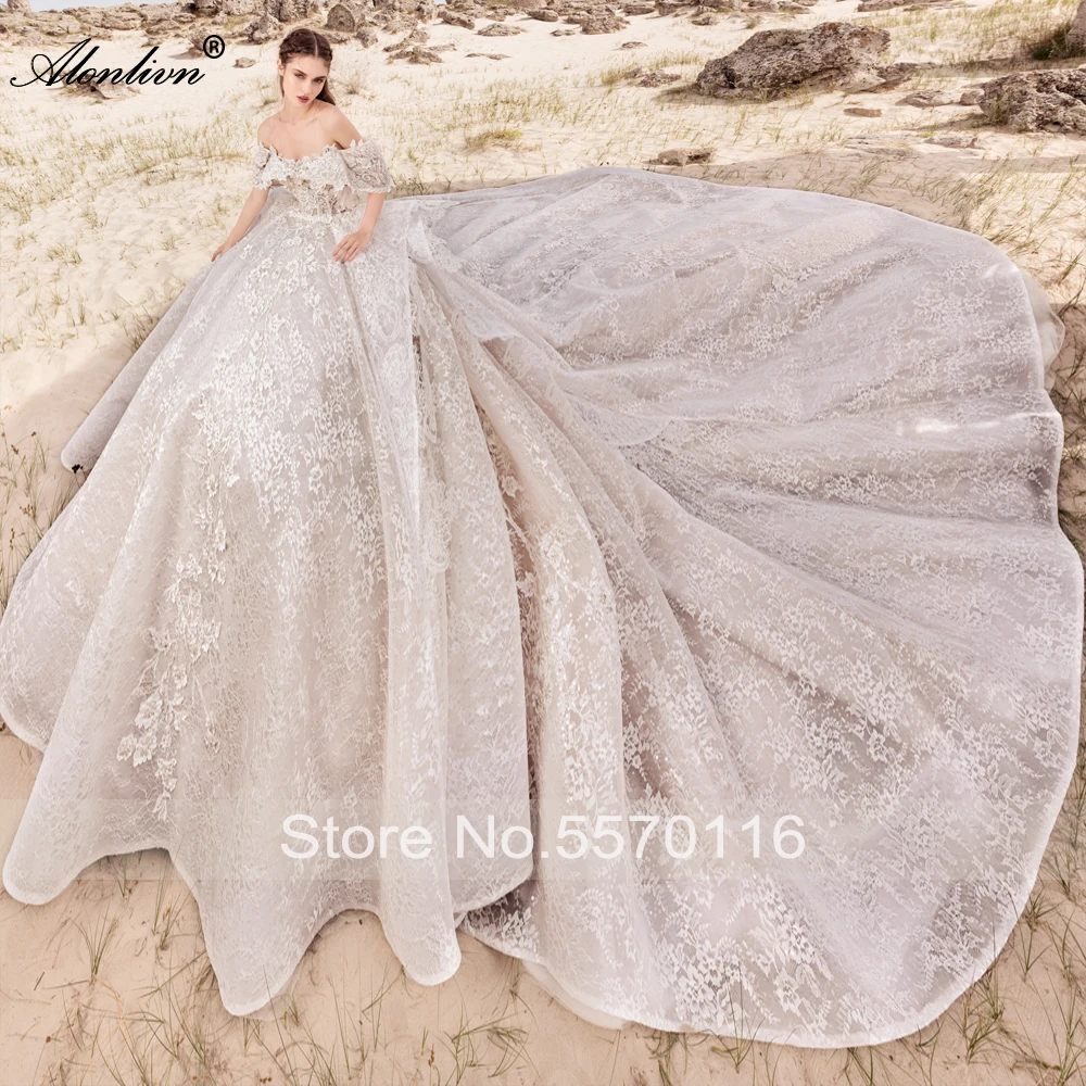 Alonlivn encantador encaje sin tirantes Puff vestido de baile vestido de Boda de Princesa Novias mangas con hombros descubiertos vestidos de novia de cola catedral