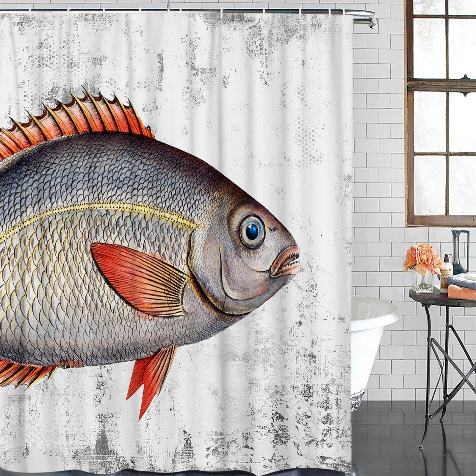 Antique Mottled Oil Painting Fish Waterproof Shower Curtain Polyester Fabric Printed Bath Curtains Bathroom Decorations