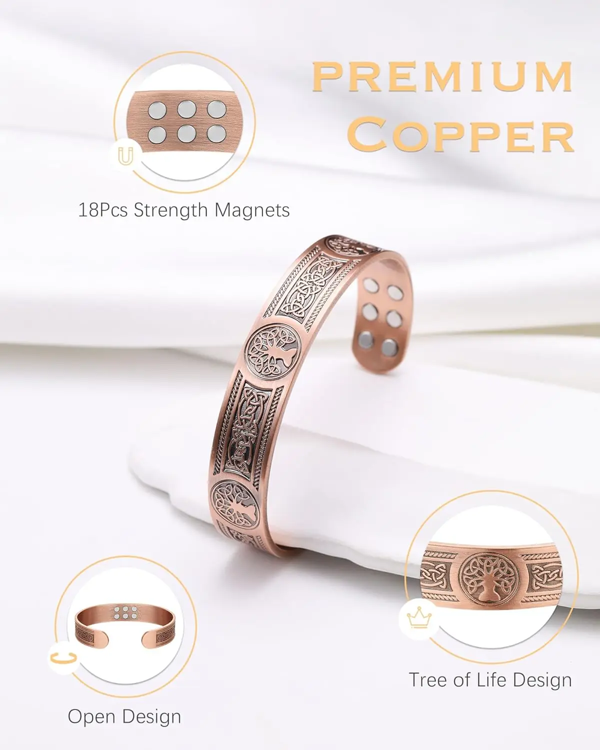 ARADOO Tree of Life Premium Copper Bracelet for Men Women with 18pcs Strength Magnetic Cuff Bangle Jewelry with Gift Box