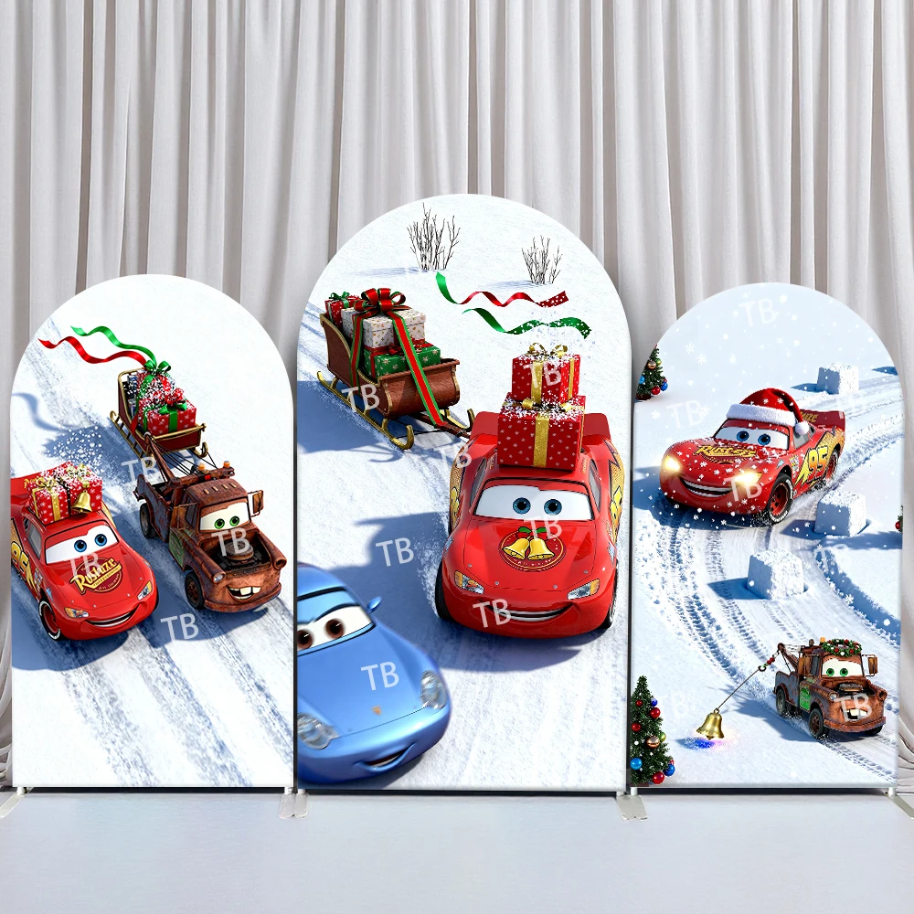 

Disney Pixar Cars Arch Backdrop Cover Birthday and Baby Shower Christmas Sled Gifts Snow Theme for Kids Party Photo Booth Decor