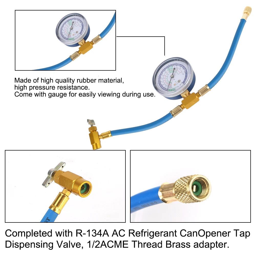 Carro Ar Condicionado Refrigerante Mangueira Carregador, R134a R12 R22, 3000PSI, Tubo de Manômetro, Freon AC Recombustível, 1/2ACME 1/4SAE Adaptador