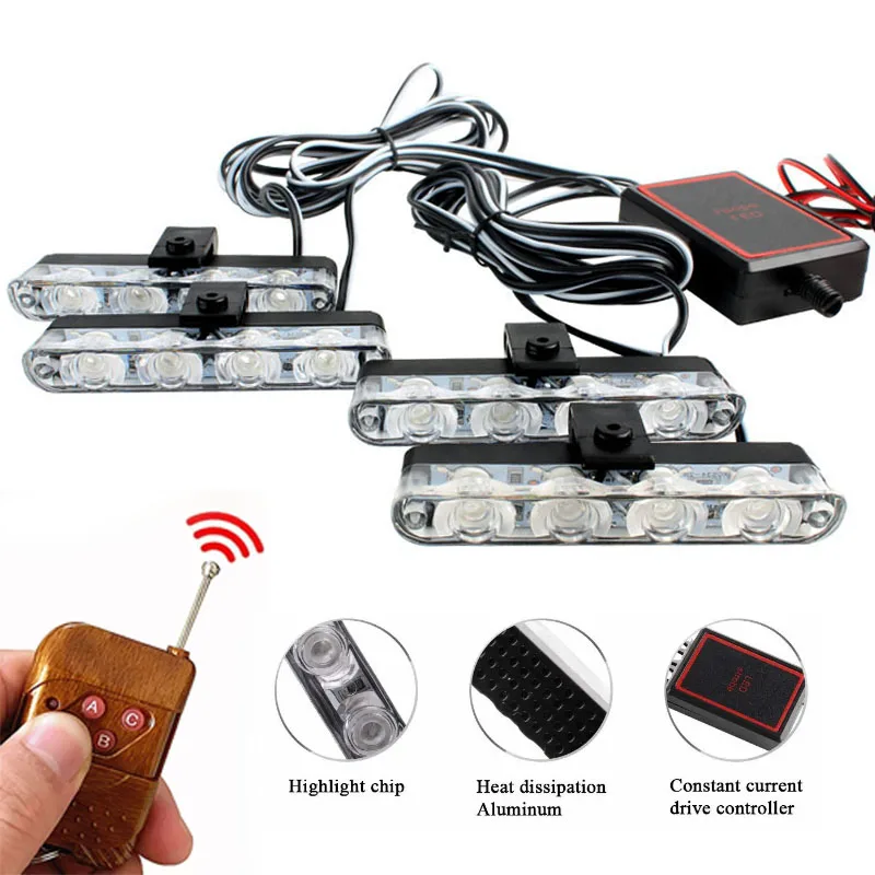 4 In 1 Red Blue Emergency Strobe Lights Police Lights 12V With Wireless Remote Control Flash Grille Light for Cars Truck Van SUV