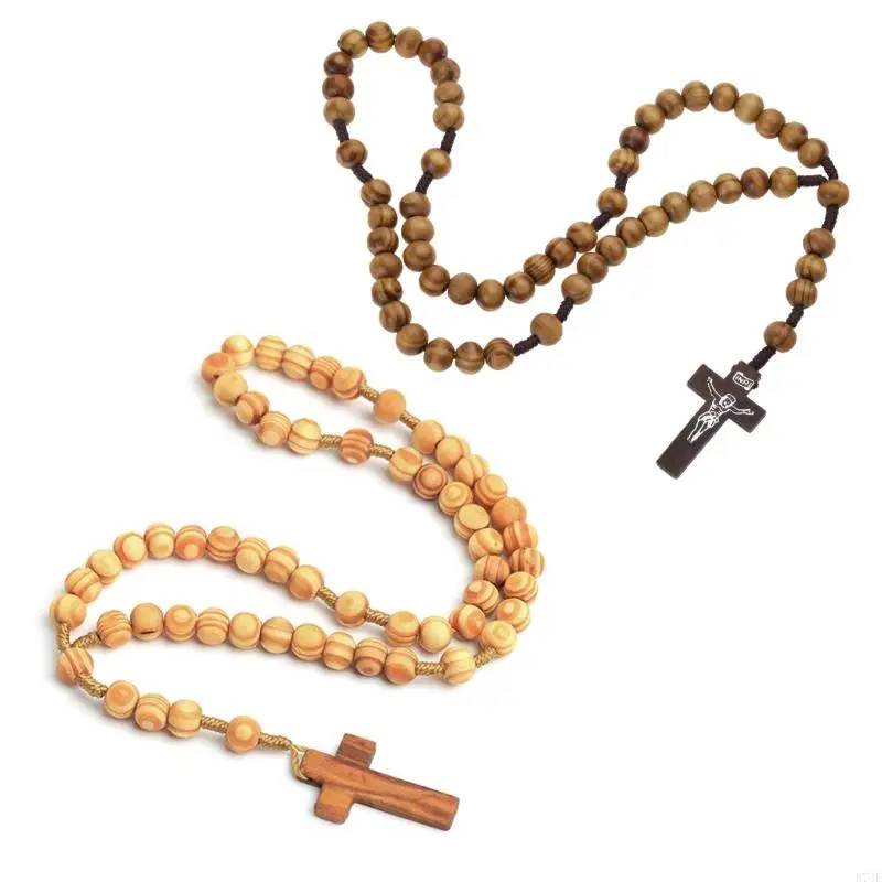 E74E Religious Wooden Antique for Cross Rosary Pendant Necklaces Beads Catholic Jesus Christ Rosary Necklace Men Women Jewelr