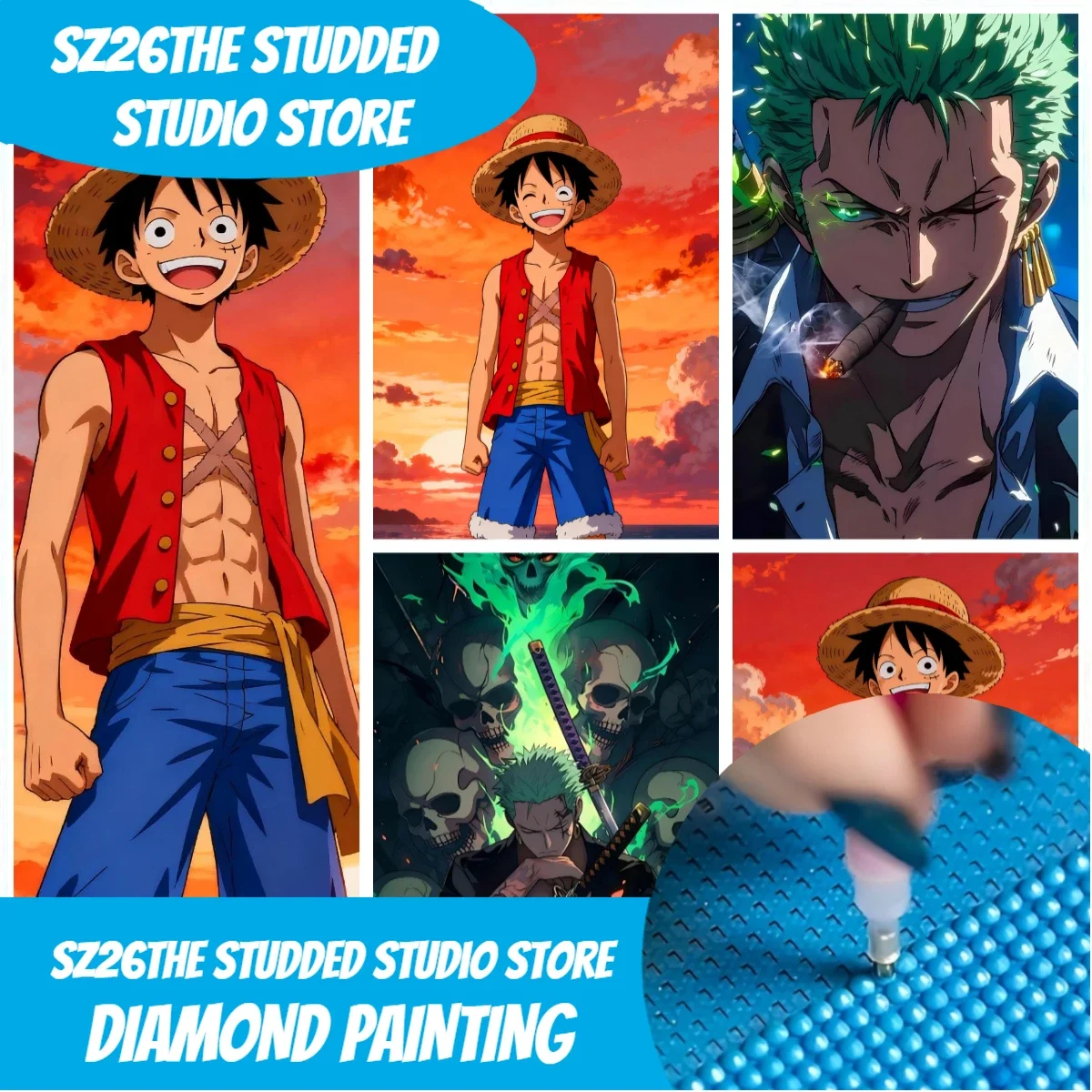 Sz26The Studded Anime One Piece Monkey D Luffy Sunset 5D Diamond Painting Full Drill DIY Rhinestone Embroidery Mosaic