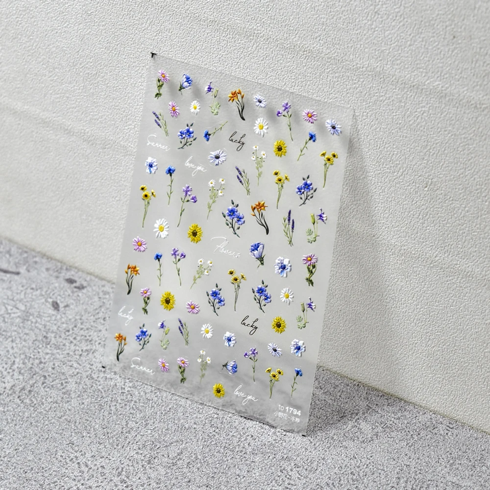 1 SZT. - Kolorowe Suszone Kwiaty Naklejki na Paznokcie 5D Kawaii Stokrotki/Kwiaty/Liście Ozdoby do Paznokci 8x10cm Manicure Mini Chic Floret Slider