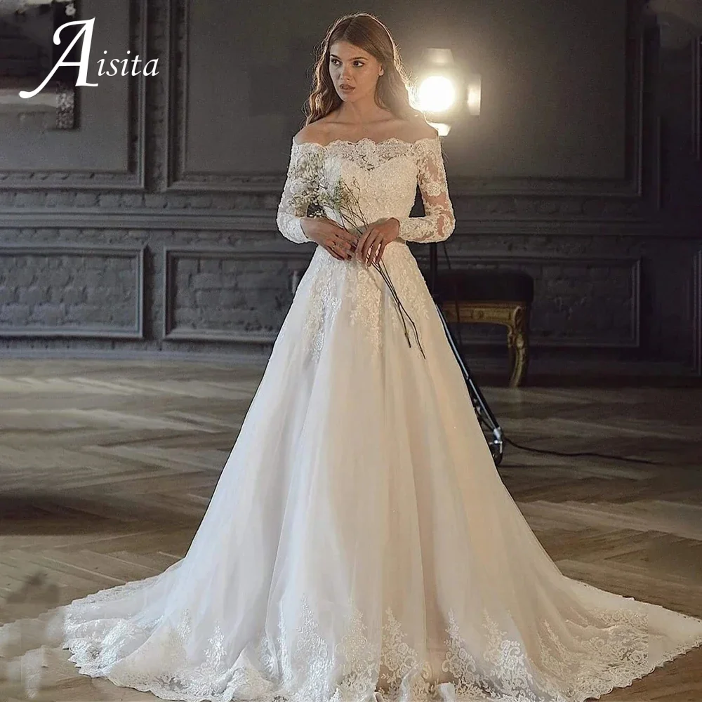 

Customized Elegant Lace Applique A-line Long Sleeves Wedding Dresses 2025 O-neck Ivory Bridal Gown vestidos de novia For Women