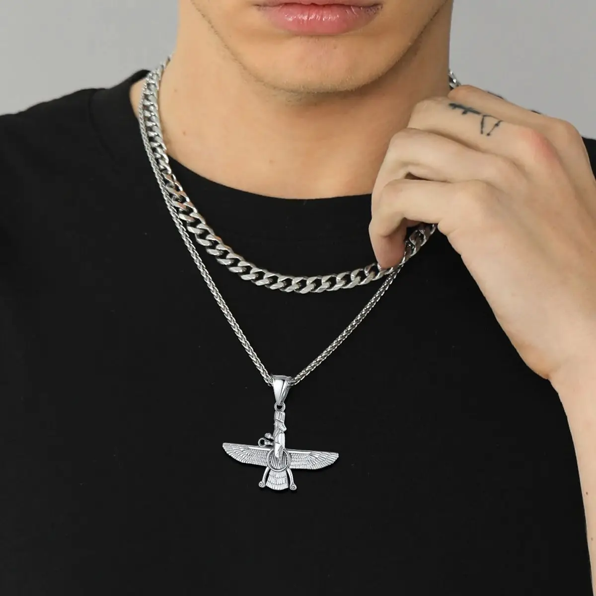 U7 316L Stainless Steel Iranian Size S/L Faravahar Necklace Fravashi Spiritual Power Ancient Persia Symbol Unisex Jewelry Gift