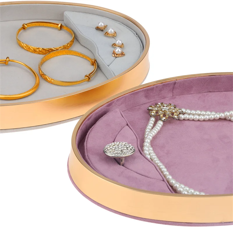 Ring Pendant Necklace Storage Holder oval Metal Frame Jewelry Display Tray with velvet inside jewelry shop counter organizer