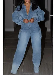 Plus Size Women Jeans Jumpsuit Lantern Sleeve Turn Down Collar Retro Button Pockets Spring Streetwear Rompers Fashion Outfits