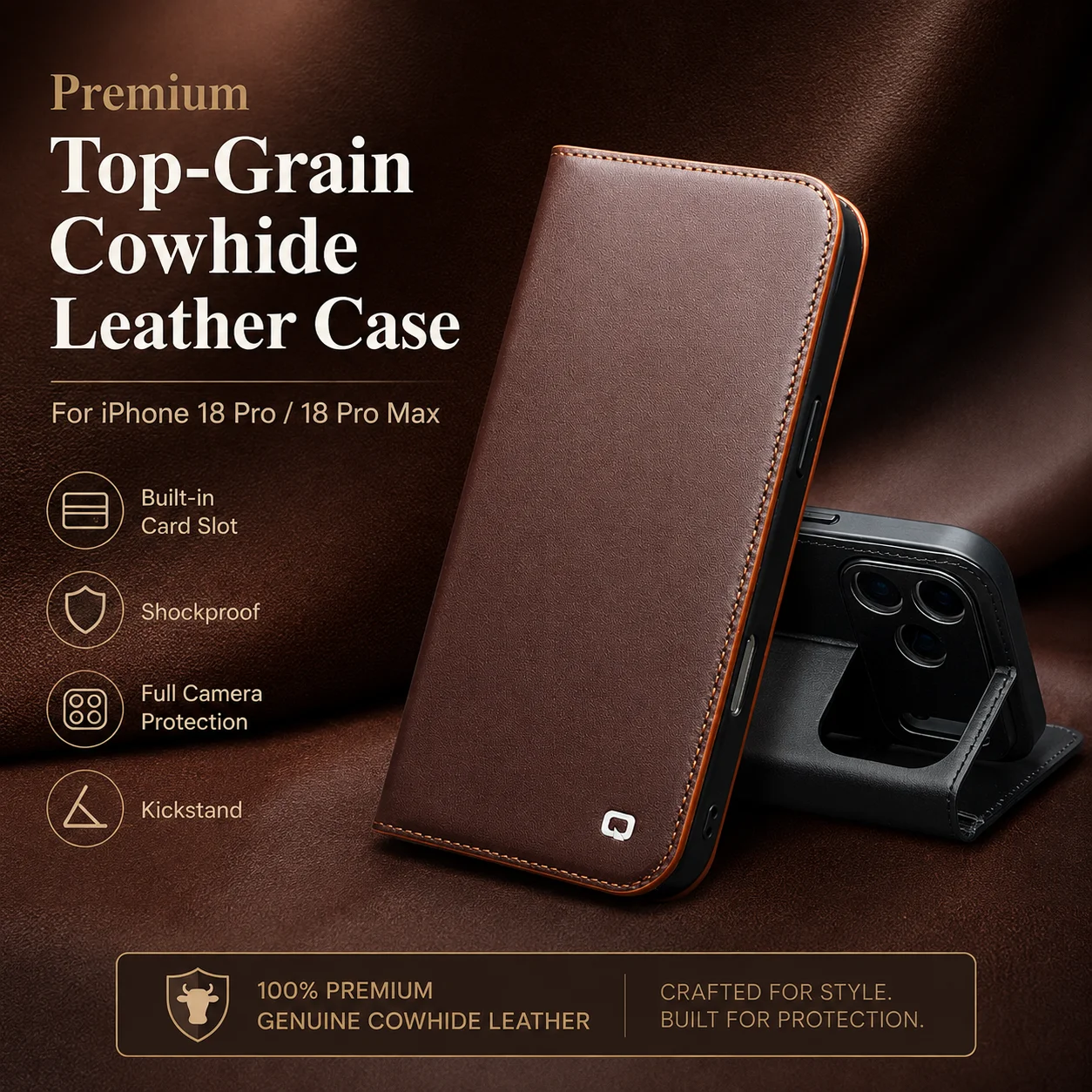 For iPhone 18 Pro / iPhone 18 Pro Max Genuine Leather Stand Case Luxury Business Cowhide Shockproof Phone Cover with Card Slots