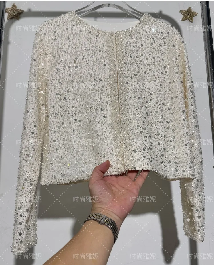 Moda pesada lantejoulas frisado cardigan jaqueta para mulher fino ajuste bodycon saia de comprimento médio na moda casaco de manga longa