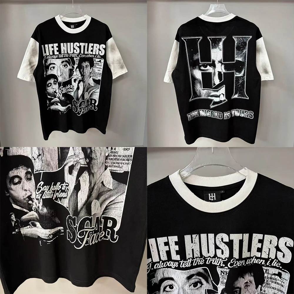 

Washed Harajuku Life Hustlers Splice T Shirt Fashion Hip Hop Trendy Brand Summer Casual Skull Print Top Tee