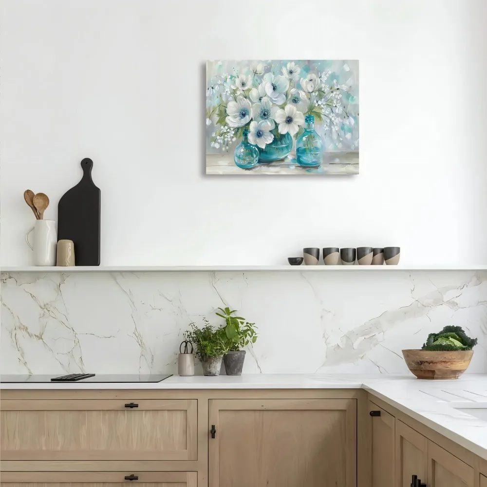 إطار من الصنوبر الصلب بسمك 1.5 بوصة مع زهور بيضاء في مزهرية، مناسب للديكور الداخلي