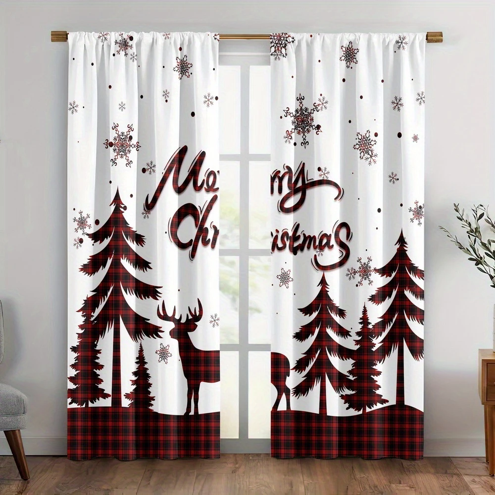 Red Black Plaid Pine Tree Reindeer Curtains, Rod Pocket, Polyester, Home Decor, Bedroom Living Room, Merry Christmas, Home Decor