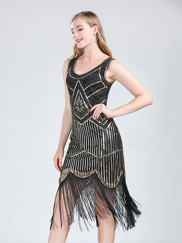 الرجعية 920s شرابة المشذبة V-Ne المطرزة الدكتور الكرة ثوب مساء الدكتور Faionable ميدي طول ألياف البوليستر #2