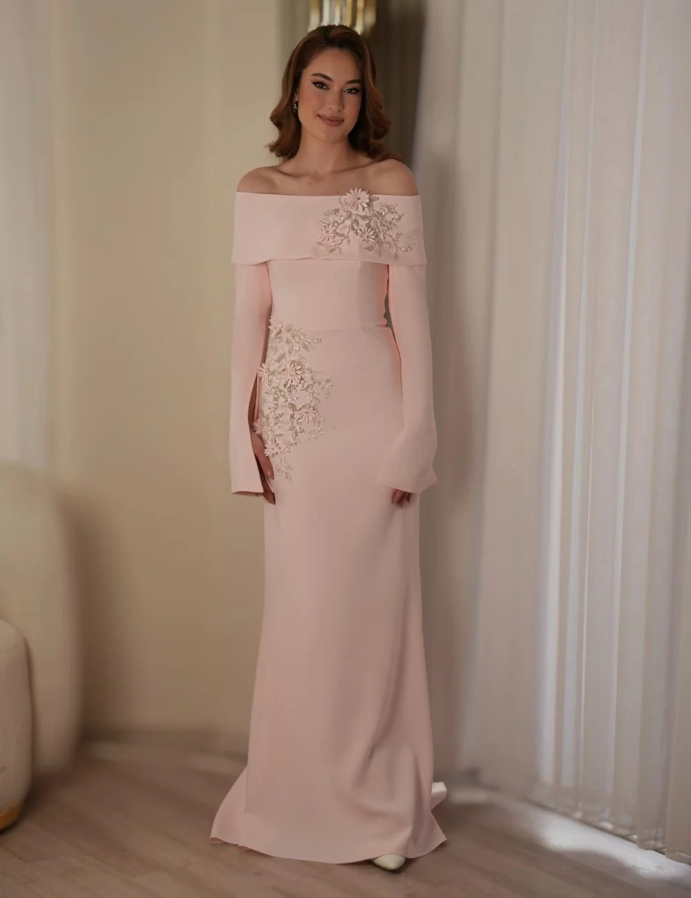 

Customized Simple Jersey Sequined Pattern Pleat Trumpet Off-the-shoulder Long Bespoke Occasion Homecoming Dresses Retro