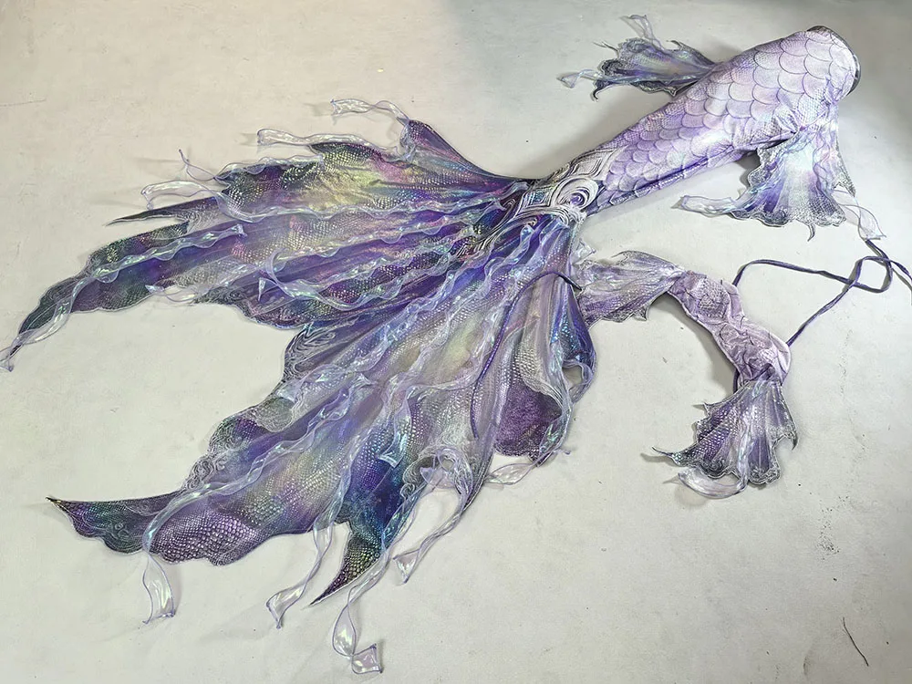 

Mahina Mermaid Tail Monofin with Gold Foil 3D Skirt, Custom Swimsuit for Aquarium Performance & Swim, Sheer Mesh