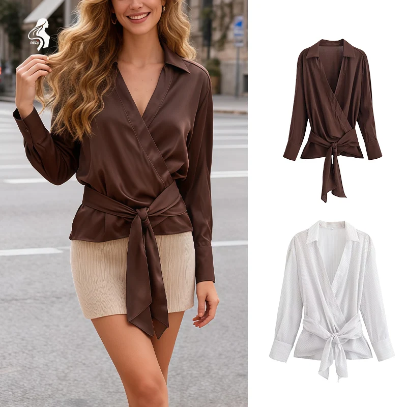 

Women's Wrap Tie-Waist Blouse - Brown Solid & White Striped Options, Collared Long Sleeve, Elegant Office & Casual Top