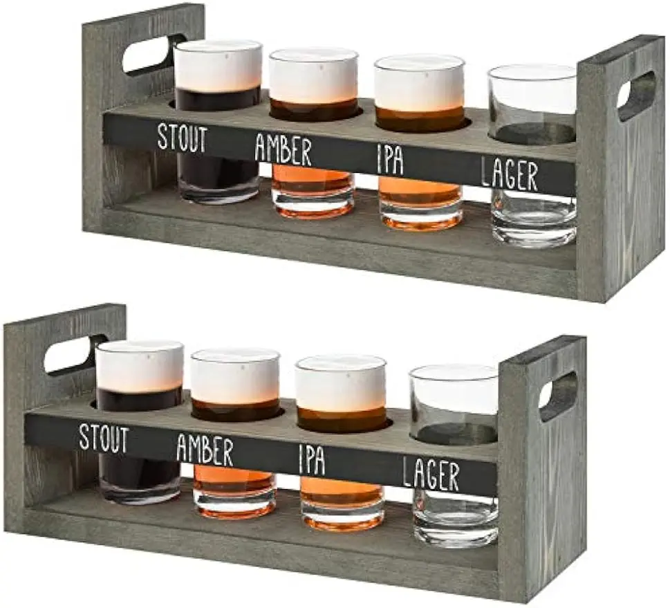 

Vintage Wood Beer Flight Sampler Tray with Chalkboard Panels & 4 Tasting Glasses, Set of 2